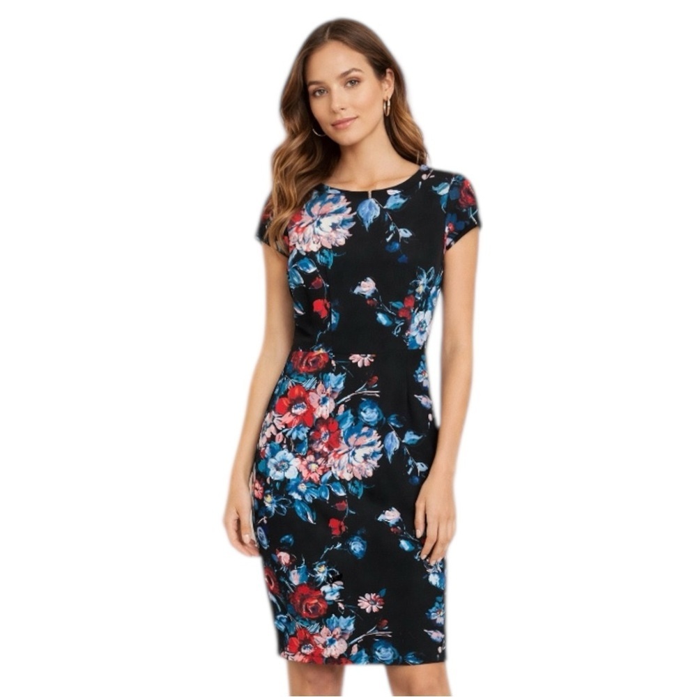 Betsey Johnson Black Floral Midi Dress with Blue & Red Blooms